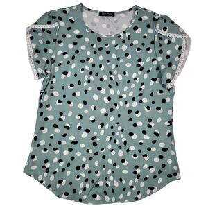 Coeur de Vague Polka Dot Blouse XL Green Black White Pom Trim Short Sleeve